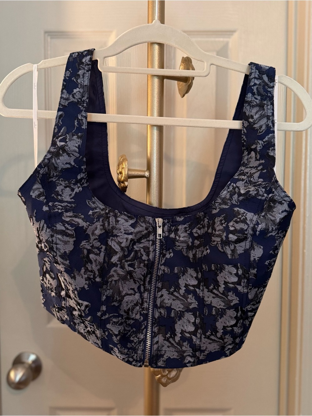 Lulus Navy Blue Floral Zip-Front Crop Top